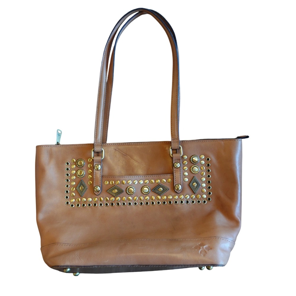 Patricia Nash Leather Studded Milana Tote Tan Brown Studs Grommets Boho Western